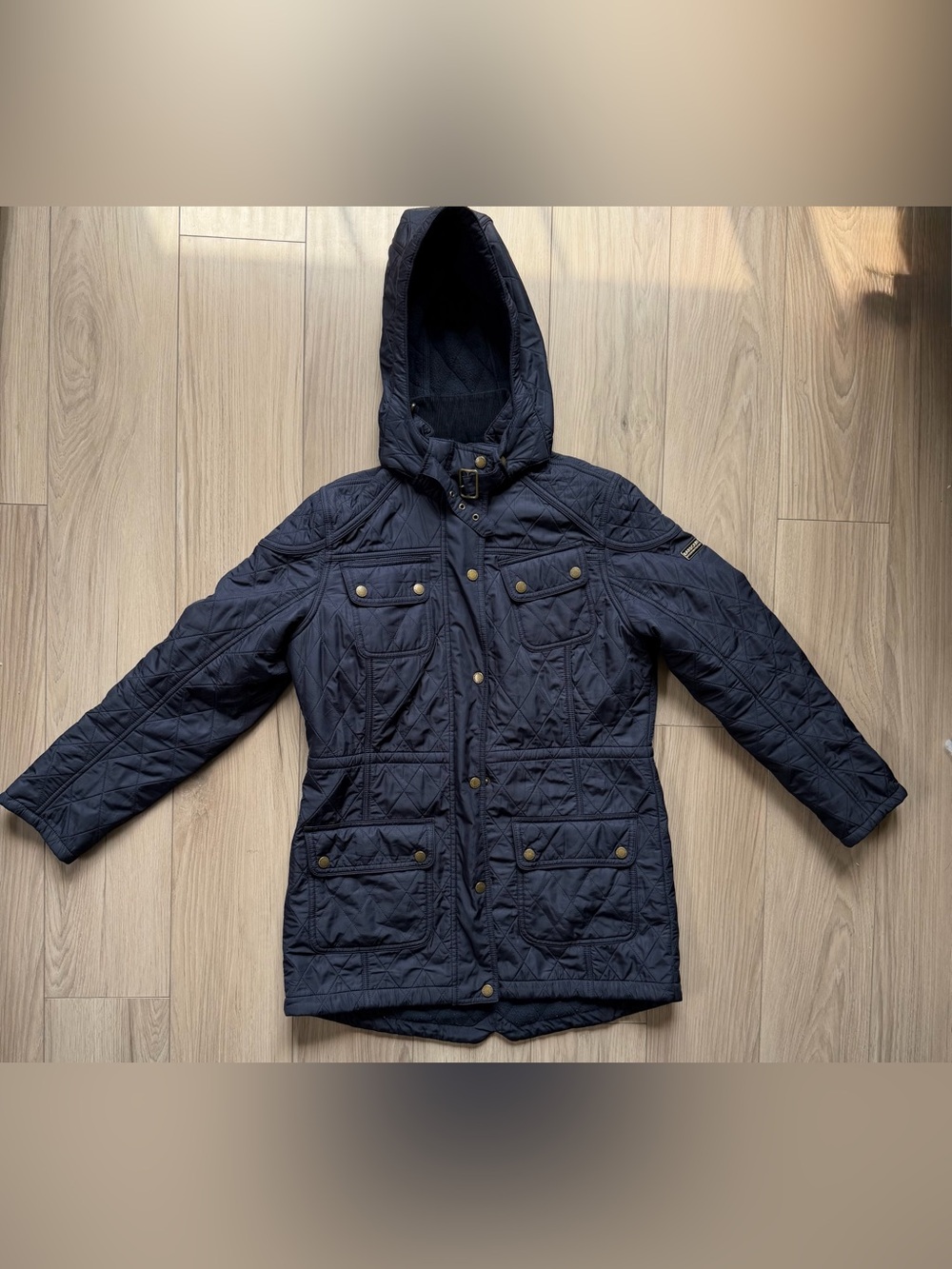 Barbour International Quilted Hooded Black Parka Women's Jacket Sz 8 Detach Hoo